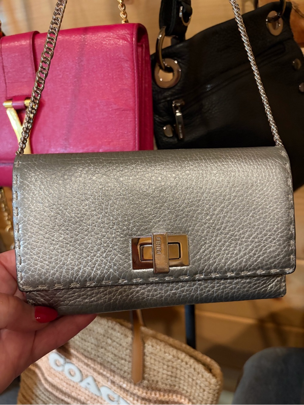 Fendi Metallic Silver Leather Chain Wallet